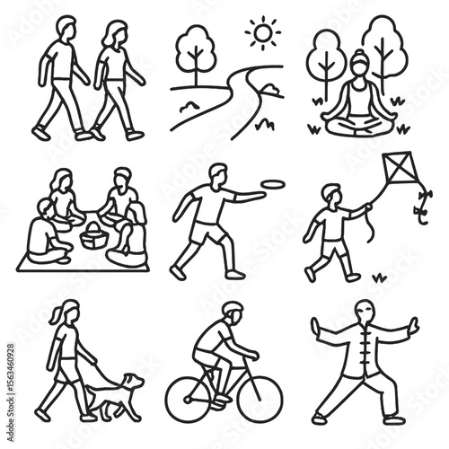 Recreational Activity Icons. Line style icons of recreational activities: people walking, jogging path, yoga in the park, group