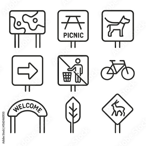 Park Signage Icons. Line style icons of park signage: park map board, picnic area sign, dog leash rule sign, trail direction arrow