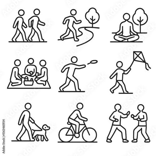 Recreational Activity Icons. Line style icons of recreational activities: people walking, jogging path, yoga in the park, group