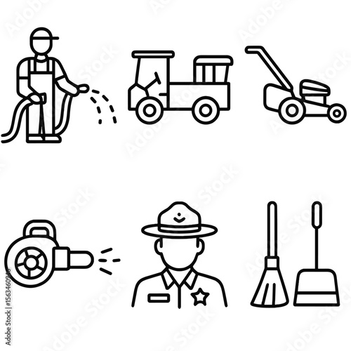 Park Maintenance Icons. Line style icons of park staff and maintenance: gardener with hose, park maintenance cart, trash