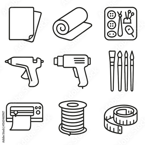 Cosplay Crafting Tools. Line style icons of cosplay materials and supplies: EVA foam sheet, fabric roll, sewing kit, hot glue gun,