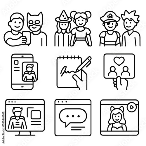 Cosplay Community Icons. Line style icons of social aspects of cosplay: selfie with fan, group cosplay moment, character meetup,