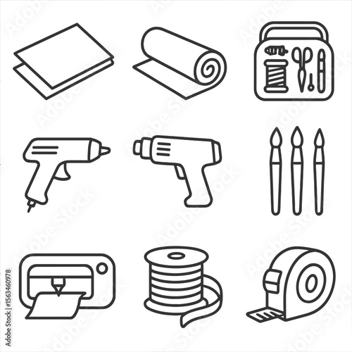 Cosplay Crafting Tools. Line style icons of cosplay materials and supplies: EVA foam sheet, fabric roll, sewing kit, hot glue gun,