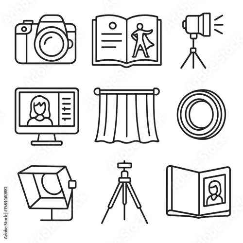 Cosplay Photography Icons. Line style icons of cosplay photography: DSLR camera icon, cosplay pose guide, flash setup, photo