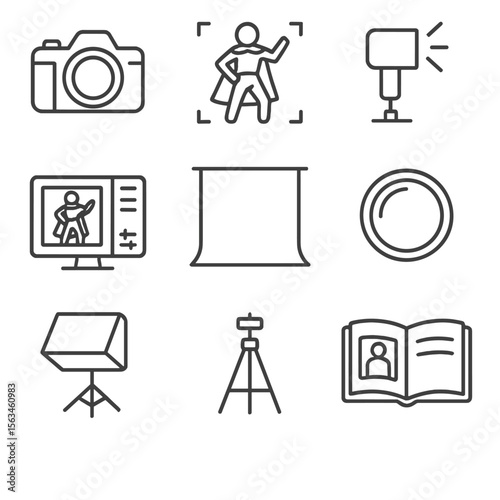 Cosplay Photography Icons. Line style icons of cosplay photography: DSLR camera icon, cosplay pose guide, flash setup, photo