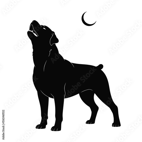 Black silhouette illustration of a powerful rottweiler dog mid-howl against a white background with crescent moon