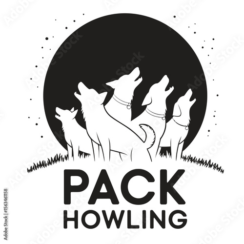 Black and white vector illustration pack of dogs howling at the moon in a night scene composition