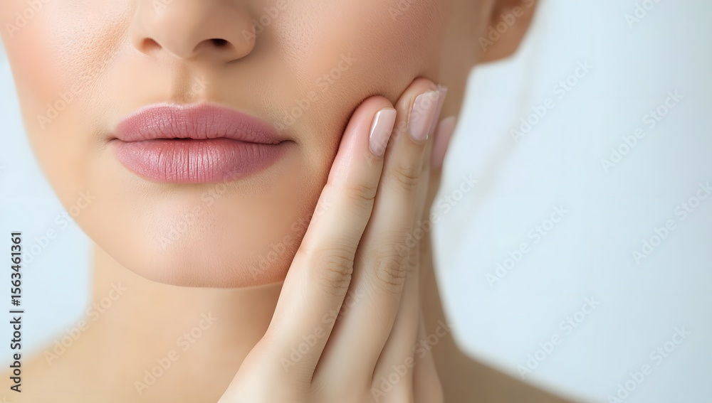 Caucasian young woman touching cheek with natural makeup and soft skin Caucasian young woman touching cheek with natural makeup and soft skin