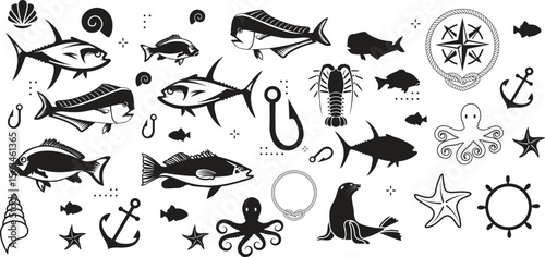 Fish icons set. Flat collection of fish vector icons for web isolated on white background