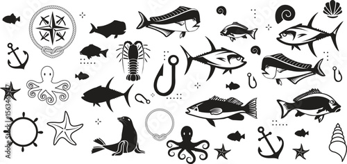 Fish icons set. Flat collection of fish vector icons for web isolated on white background