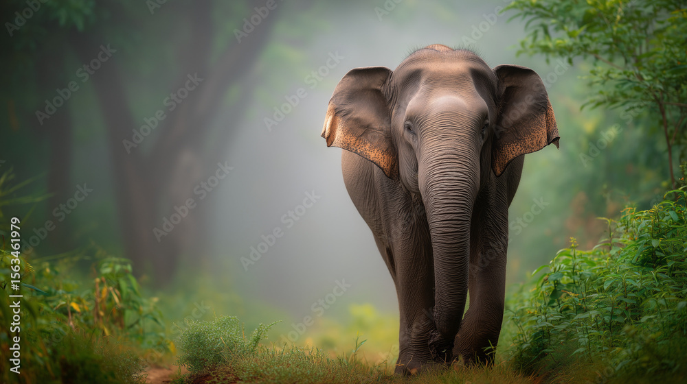 Fototapeta premium Majestic elephant walking through lush green forest with misty background, symbolizing wildlife conservation and natural habitat for World Elephant Day awareness
