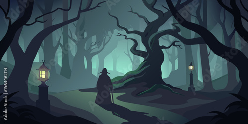 Lone Figure Walks Through A Foggy Forest At Midnight