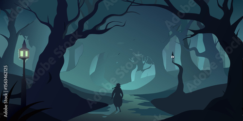 Lone Figure Walks Through A Foggy Forest At Midnight