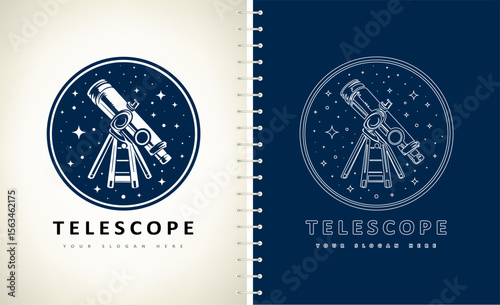 Telescope, night sky and stars logo vector. Astronomy design