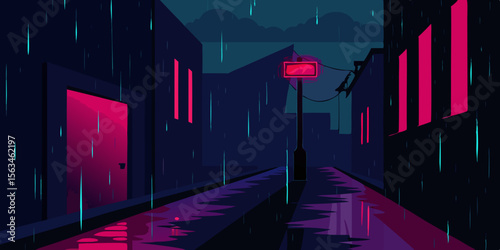 A Rain Soaked Alleyway Lit Only By A Broken Neon Sign