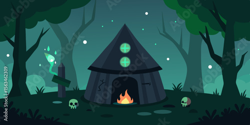 A Witchs Hut In The Woods With Glowing Runes Skulls