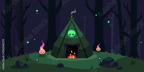 A Witchs Hut In The Woods With Glowing Runes Skulls