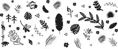 Leaf silhouettes, vector collection, diverse leaves shapes, nature elements. Ideal for eco friendly brand aesthetics, botanical illustrations, educational materials, artistic designs, decorations.
