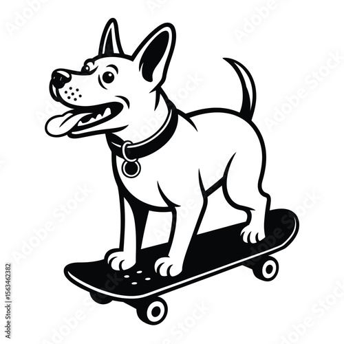 Bold black and white vector of a dog riding a skateboard in dynamic motion