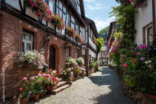 Historic Half-timbered House with Flower Boxes and Cobblestone Street