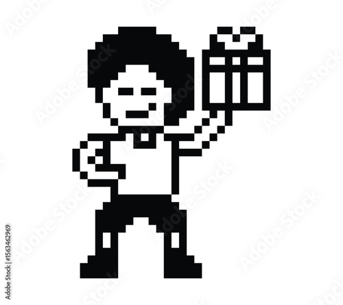 Cute pixel cartoon 8bit character man give gift box birthday christmas bonus reward surprise decoration 8 bit male boy give gift box shopping bonus christmas day game 8 bit png vector.