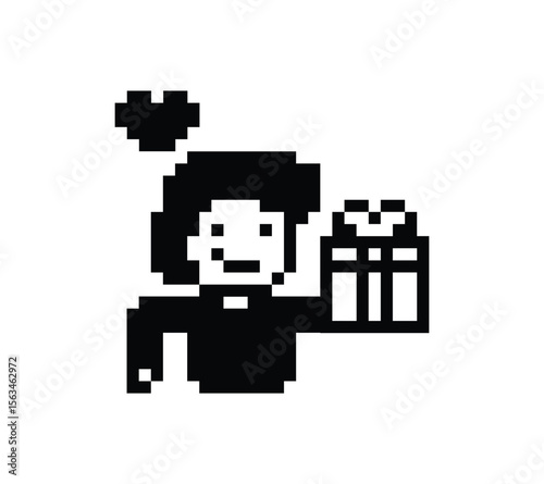 Cute pixel cartoon 8bit character man give gift box birthday christmas bonus reward surprise decoration 8 bit male boy give gift box shopping bonus christmas day game 8 bit png vector.