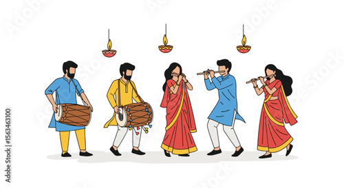 Traditional Indian Musicians Performing Festive Music with Drums and Flutes During a Celebration with Decorative Lights