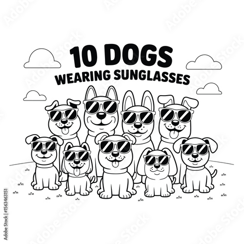 Cartoon vector of 10 cool dogs wearing sunglasses in black and white on a grassy field under a sunny sky