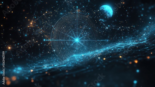 Cosmic Navigation Digital compass guides space exploration, celestial background