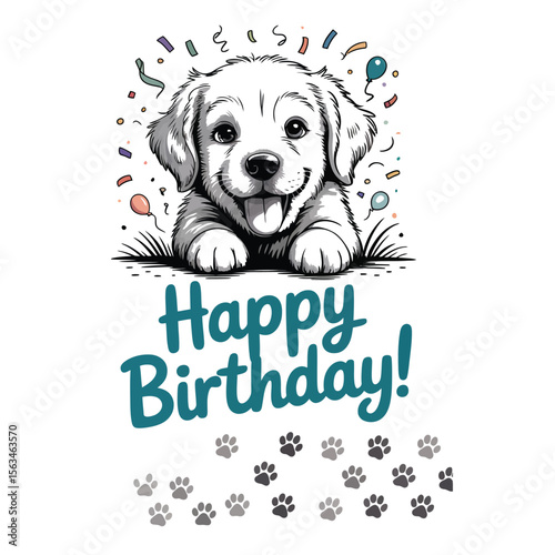 Delightful birthday card featuring happy golden retriever puppy with colorful balloons and confetti in vector style