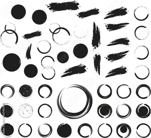 Mega bundle of different ink brush strokes:rectangle,square and round freehand drawings.Ink splatters,grungy painted lines,artistic design elements:waves,circles,triangles.