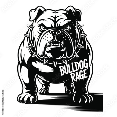 Dramatic black and white silhouette of angry bulldog with fierce snarl and muscular build against white background