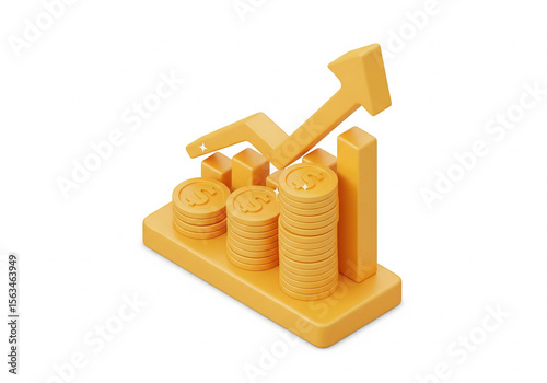 3d icon of upward graph with pound sign gold coins , financial growth concept, minimal 3d style, business colors in gold
