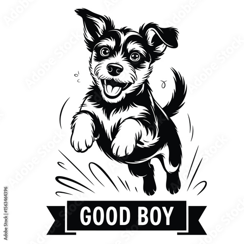 Energetic terrier dog mid-jump with wagging tail and playful expression in black and white vector illustration