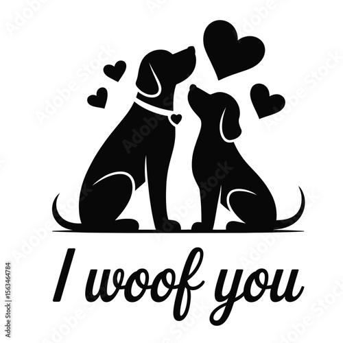 I woof you quote with kissing dog couple silhouette in black and white, romantic and playful vector design