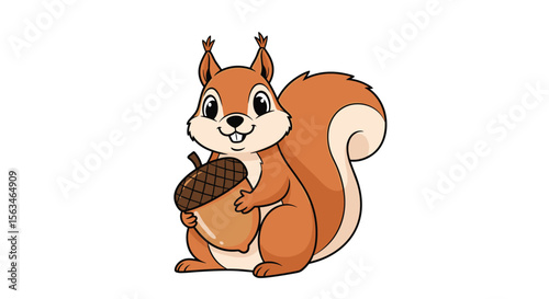 Cute cartoon squirrel holding a large acorn with a happy expression and fluffy tail