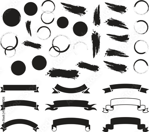 Mega bundle of different ink brush strokes:rectangle,square and round freehand drawings.Ink splatters,grungy painted lines,artistic design elements:waves,circles,triangles.