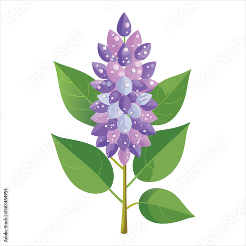 Watercolor illustration of a lilac flower with green leaves, isolated on white background