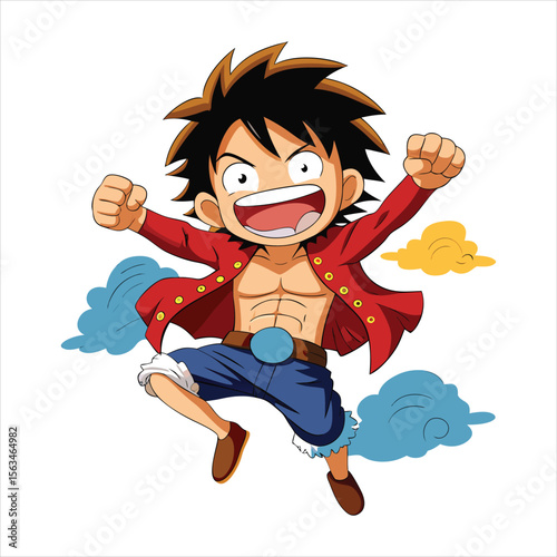Cartoon illustration of a happy anime boy jumping with excitement, isolated on white background