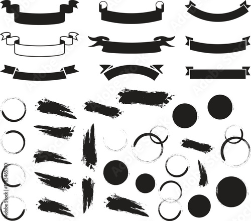 Mega bundle of different ink brush strokes:rectangle,square and round freehand drawings.Ink splatters,grungy painted lines,artistic design elements:waves,circles,triangles.
