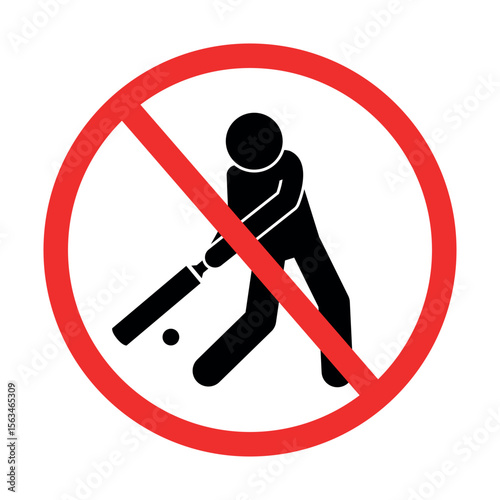 no cricket playing allowed sign, prohibited cricket player symbol with bat and ball in red warning circle
