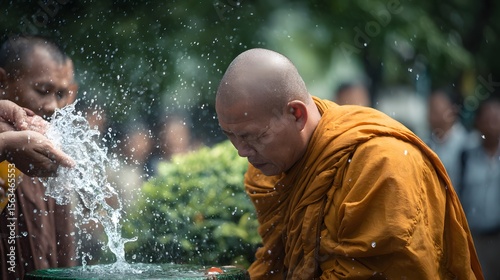 Buddhist monk ceremony: traditional water blessing ritual in southeast asia religious tradition culture