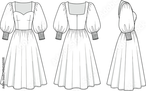 Fashion design technical drawing of puff sleeve midi dress with square neckline, shirred cuffs, flared skirt, sewing pattern sketch