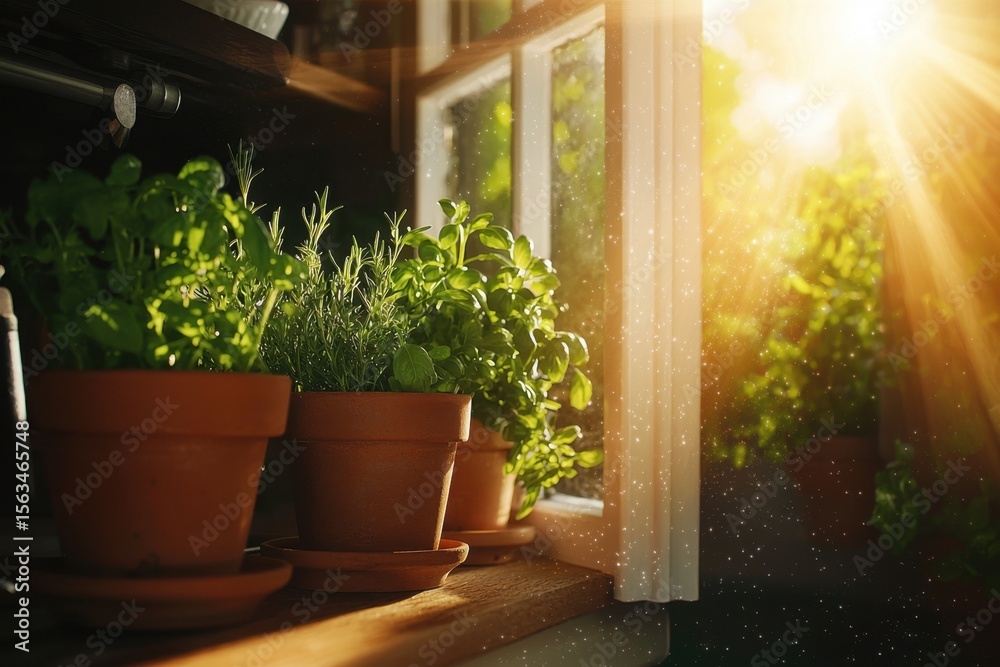 Fototapeta premium Vibrant fresh herbs in terracotta pots indoor garden closeup photography brightly lit environment warm sunlight concept