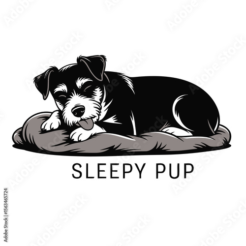Minimalist black vector illustration of a tired terrier dog yawning and lying on a plush blanket