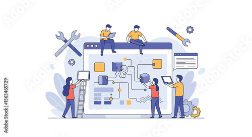 Creative Team Collaborating on a Digital Project Development and Website Design with Tools and Instruments Illustration