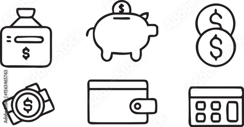 Personal Finance Icon Set, wallet, calculator, credit card, piggy bank, savings jar, money tracking icons for budget apps