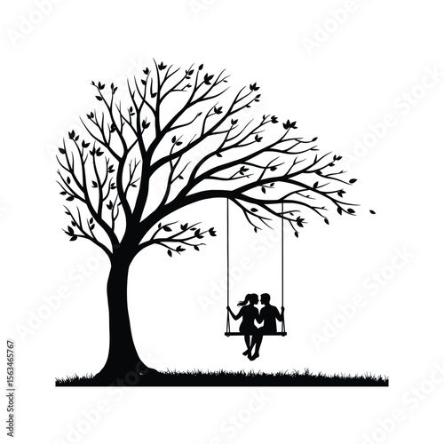 Romantic Couple Silhouette on Swing Under Tree Black and White Vector Illustration