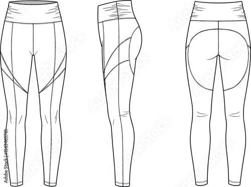 Technical leggings design template, CAD drawing of yoga pants, activewear leggings flat sketch, fashion apparel vector, gym wear mockup, illustration