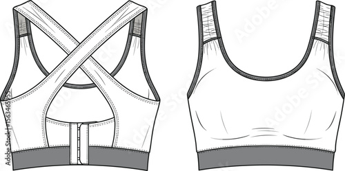 Technical flat sketch of women’s sports bra, front and back view, activewear fashion design, CAD drawing, vector illustration